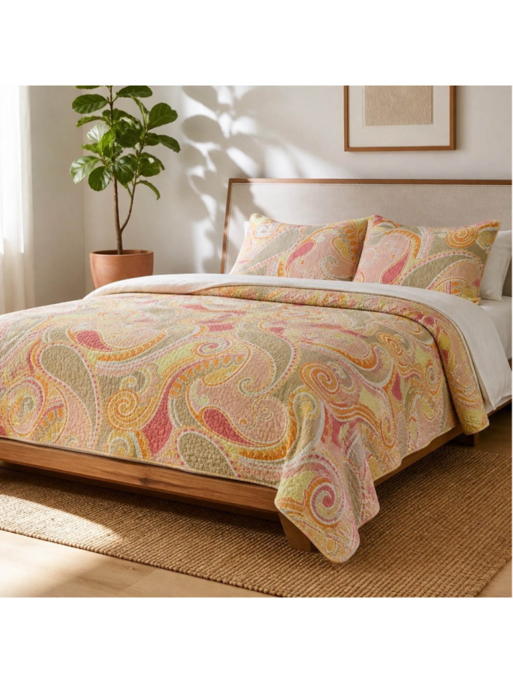 Cynthia Rowley Queen Quilt Set Vibrant Pink, Orange & Yellow Paisley Print Boho
